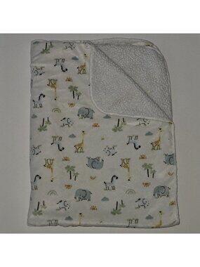 Kyle & Deena Baby Blanket White Fleece Sherpa Elephant Giraffe Zebra Trees Sun